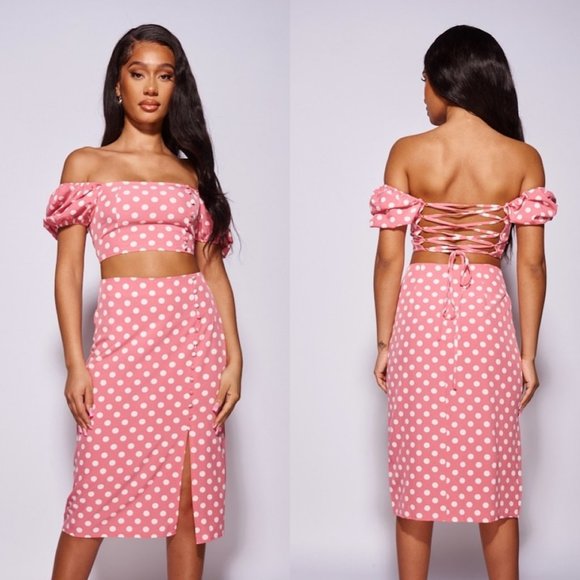 Dresses & Skirts - Pink Polka Dot Short Sleeve Crop Top and High Waist Midi Skirt Two Piece Set